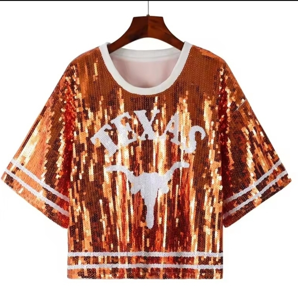 Sequin Texas Graphic Crop Top - Orange